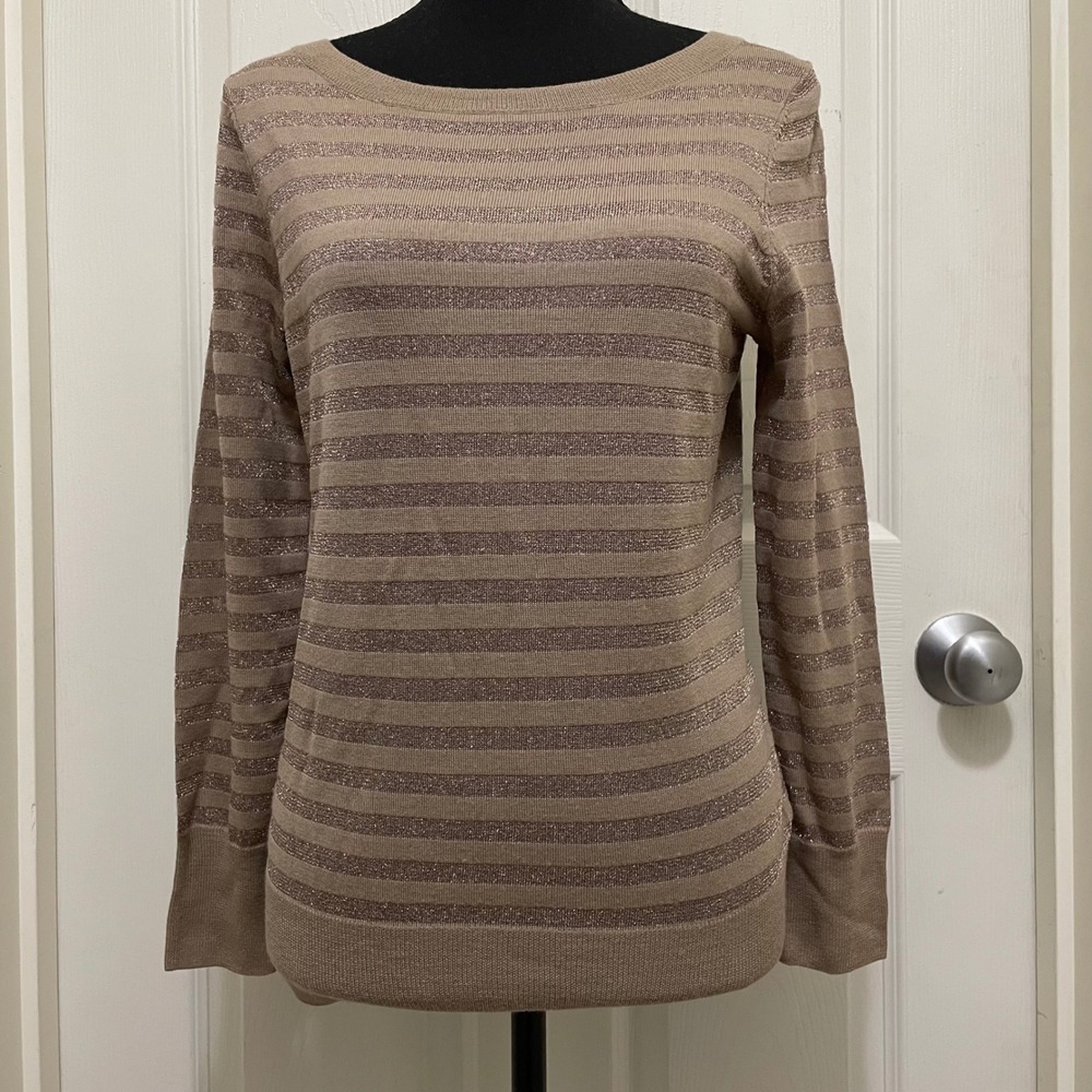 Talbots Petites Striped Knit Sweater Lightweight Merino Wool Blend‎ Gold Medium